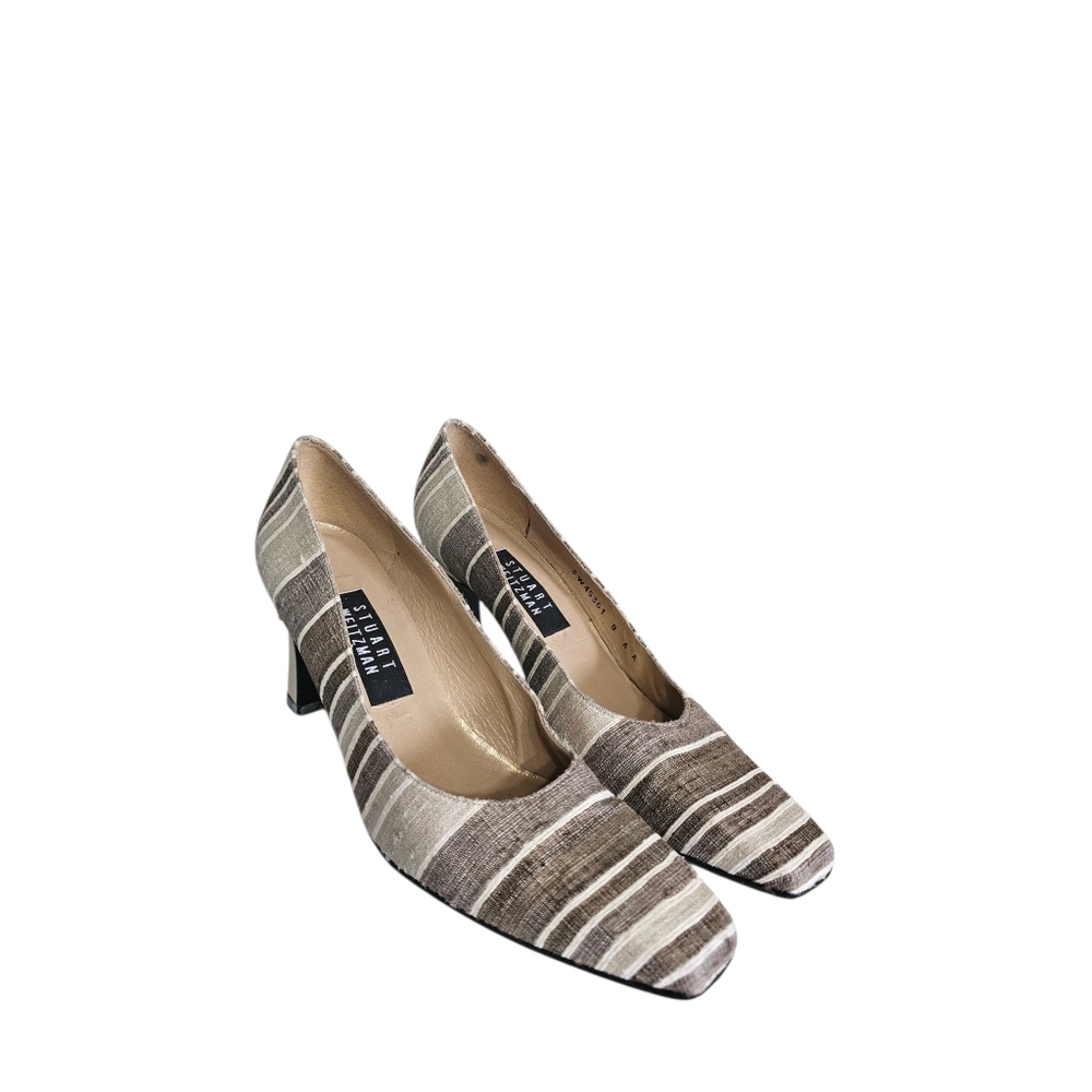 Stuart Weitzman Tan Cream Brown Stripe Woven Fabric Heels 8AA